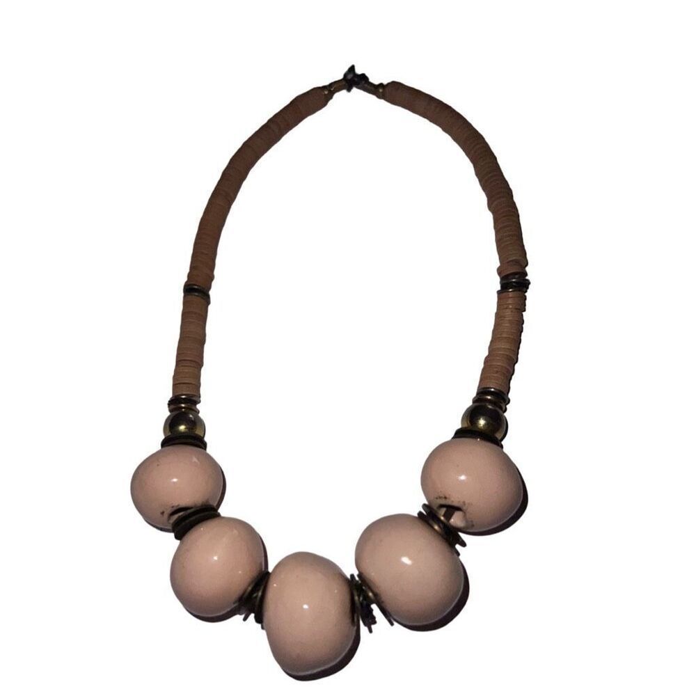 Vintage Round Pink Ceramic Beads & Heishi Discs Women’s Bold Statement Necklace